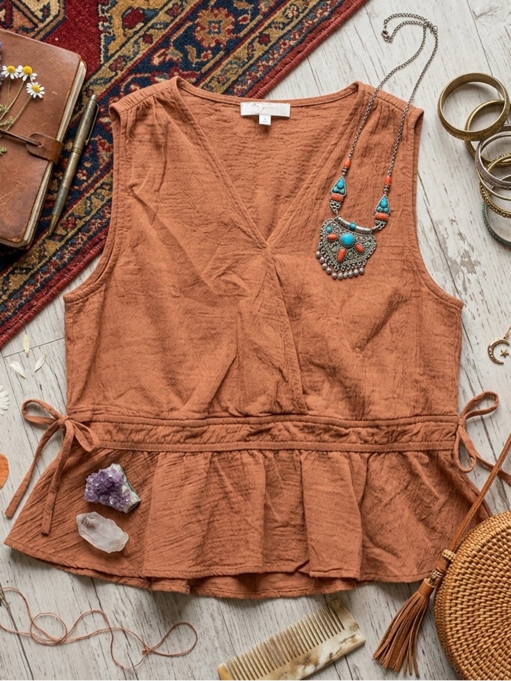 Grade & Gather Gauze Faux-Wrap Peplum Tank Top Size L
